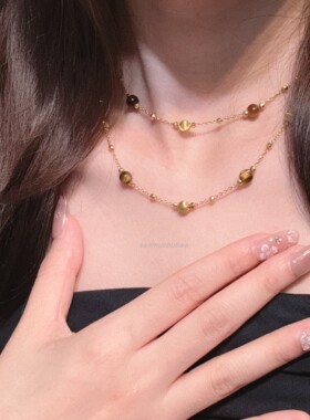 S925银虎眼玛瑙珍珠蓝松猫眼镭射珠长款项链毛衣链复古风美拉德风