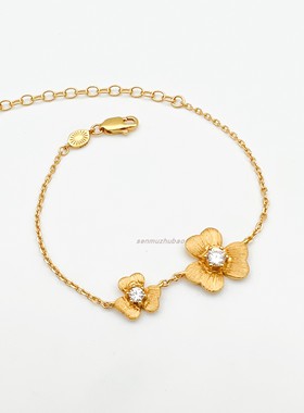 拉丝双花纯银镀金手链