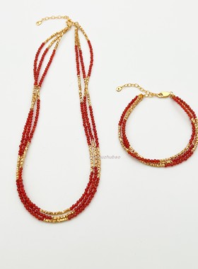 S925纯银小碎金三层项链手链