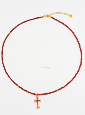 ins风925纯银红玛瑙满钻十字架个性独特项链高级感时尚气质