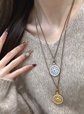 新中式复古国潮925纯银可旋转蓝松罗盘棕绳项链直播货源批发时尚