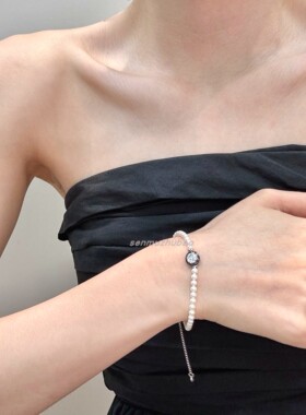 925银法式ins天然淡水珍珠枪黑色单钻手链小众高级感百搭通勤手饰