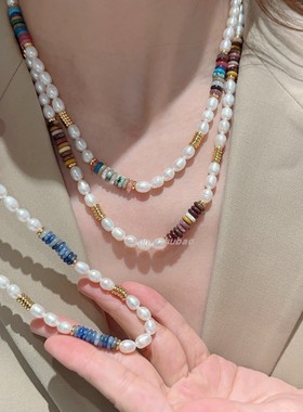 欧美多巴胺天然宝石珍珠串珠项链女锁骨链优雅小众高级感节日礼物