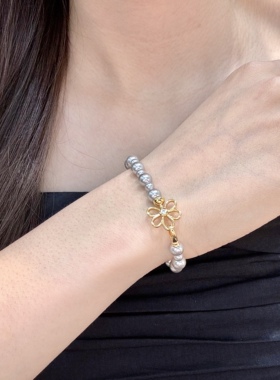 高级感法式时尚925银灰色珍珠复古山茶花手链轻奢优雅精致百搭