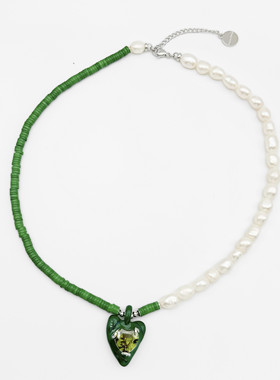 黄铜vintage中古绿色珐琅天然珍珠爱心宝石拼色项链艺术感小众