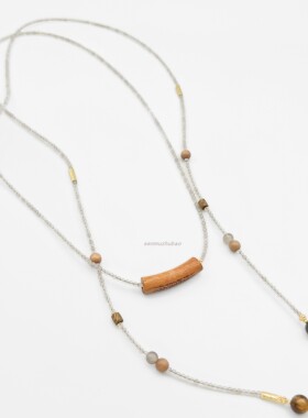 文艺风东方风925纯银新中式古风气质灰玛瑙磁吸檀木长款串珠项链