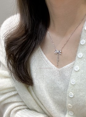 925纯银法式复古轻奢浪漫气质仙女流苏蝴蝶结项链高级感甜美风