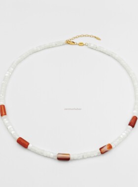 S925纯银欧美复古沙滩度假风贝壳玛瑙串珠项链撞色多巴胺波西米亚