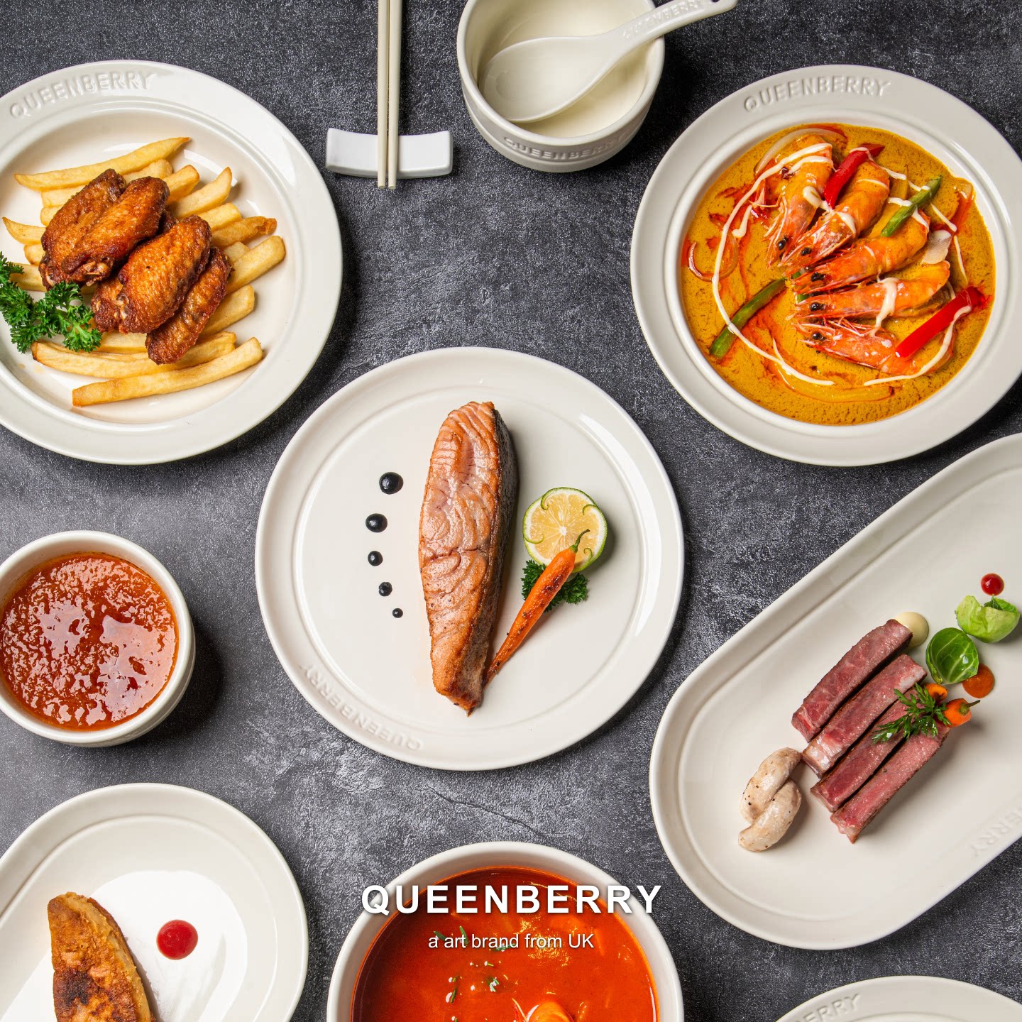 Queenberry库白釉下彩餐具套装盘子高级感汤碗家用北欧意面盘早餐