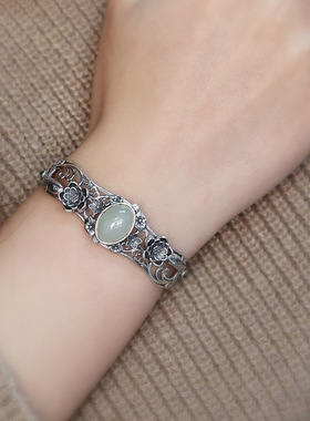 925银好事莲莲手镯新中式国风女复古高级感百搭锦鲤莲花开口镯子