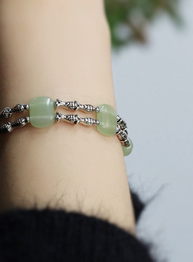 925银双层鱼纹珠手链女新中式做旧民族风高级感清冷气质百搭手串