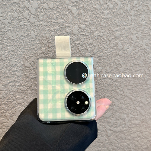小清新绿粉格子适用华为puraX/pocket2手机壳荣耀MagicV指环扣ZFlip6/7透明保护套小米mixflip2外壳N3Flip女 - 图2
