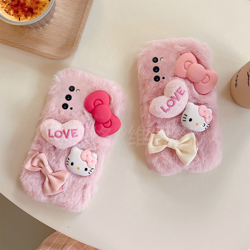 毛绒蝴蝶结kt猫适用三星a53手机壳f52秋冬a8s立体a71爱心a51凯蒂猫a31卡通a90a80a60可爱a50s冬天a70s/a30a20 - 图1