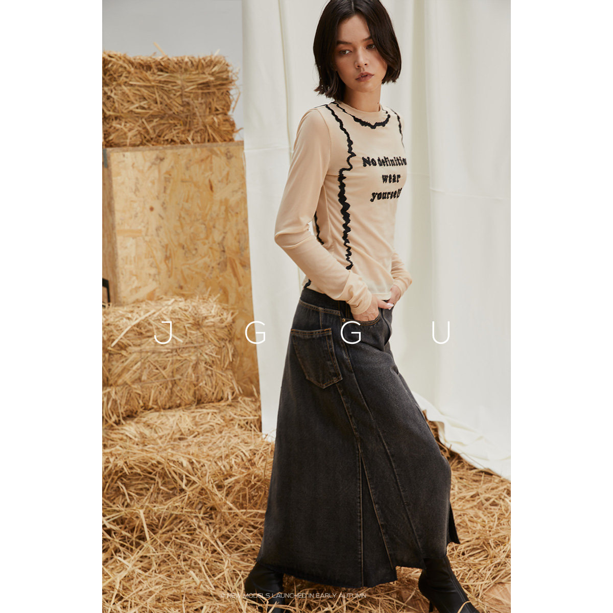 晶咕黑标JGGU女装款单品美式复古简约经典分割线小开叉牛仔半裙,淘宝优惠券,粉丝福利购,淘宝优惠卷