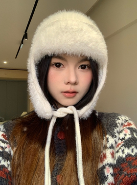 冬季大头围白色毛绒保暖护耳帽