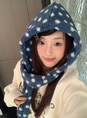 韩版蓝色波点可爱毛绒帽子