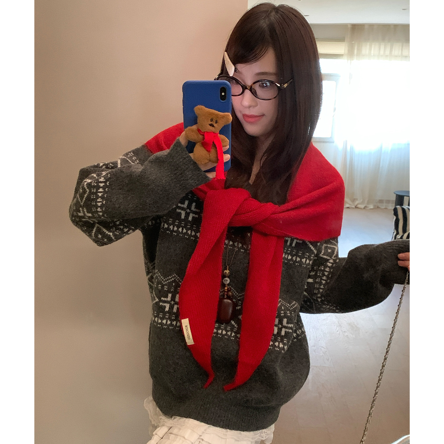 含羊毛蓝色韩版三角巾2025年冬季氛围感纯色防寒保暖围脖披肩装饰 - 图2