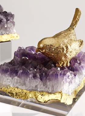现代轻奢天然紫水晶石客厅黄铜