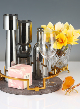 轻奢皮质圆形金属装饰托盘摆件