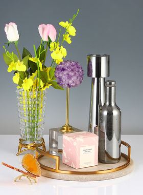 简约轻奢皮质圆形金属软装饰托盘