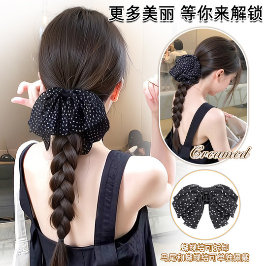 波点蝴蝶结低马尾假发辫子麻花辫仿真发长辫子发饰抓夹假发辫马尾