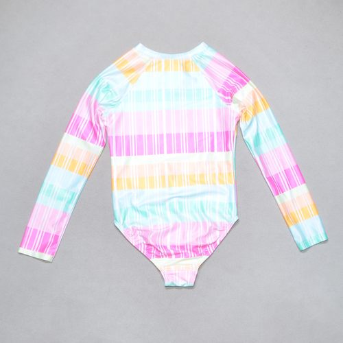 美国原单GEOR****彩色竖条纹长袖防晒海滩泳池连体泳衣女童中小童 - 图0