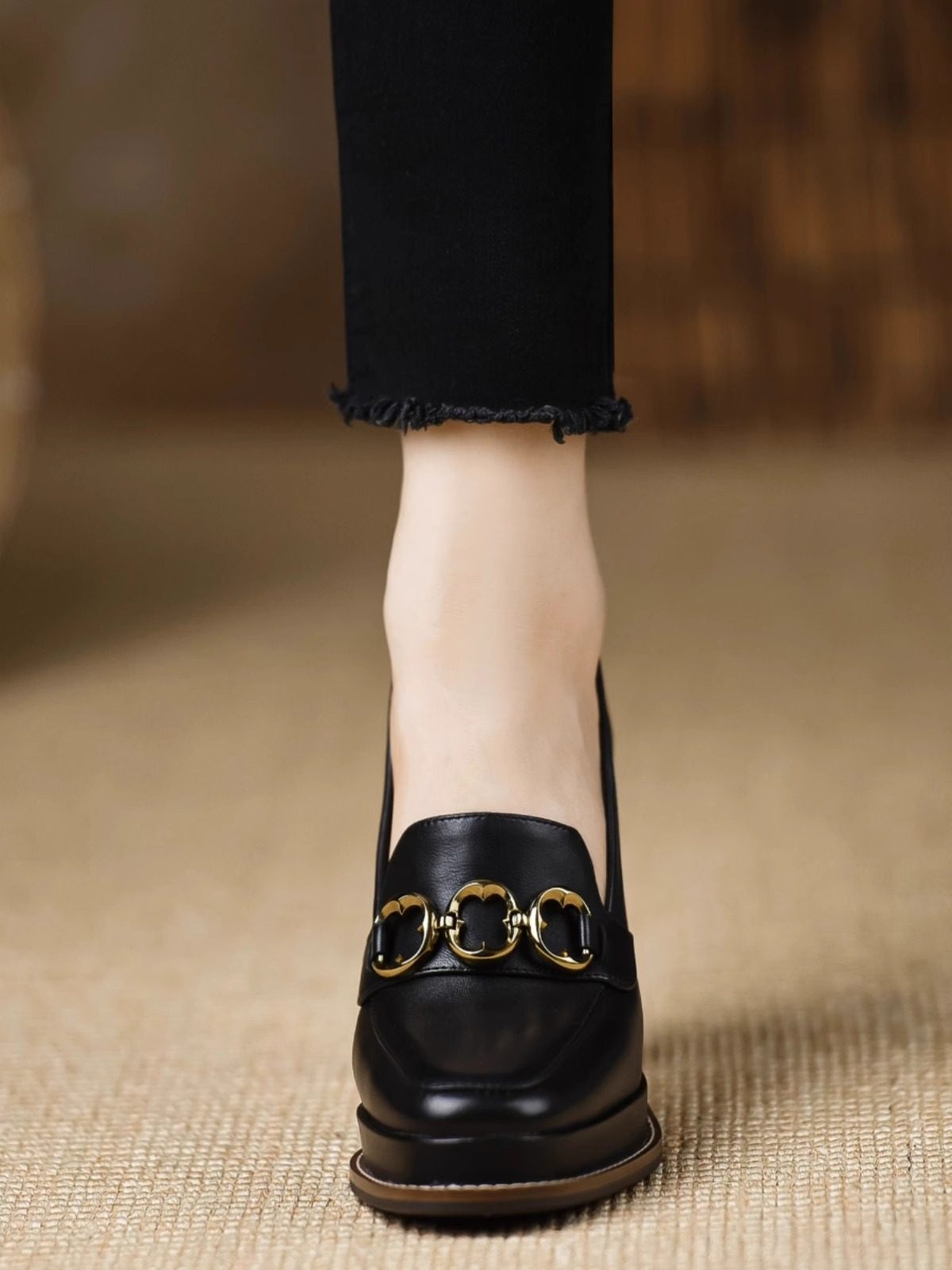 复古棕色高跟鞋女2025春季新款时尚百搭深口防水台真皮粗跟单鞋女,淘宝优惠券,粉丝福利购,淘宝优惠卷