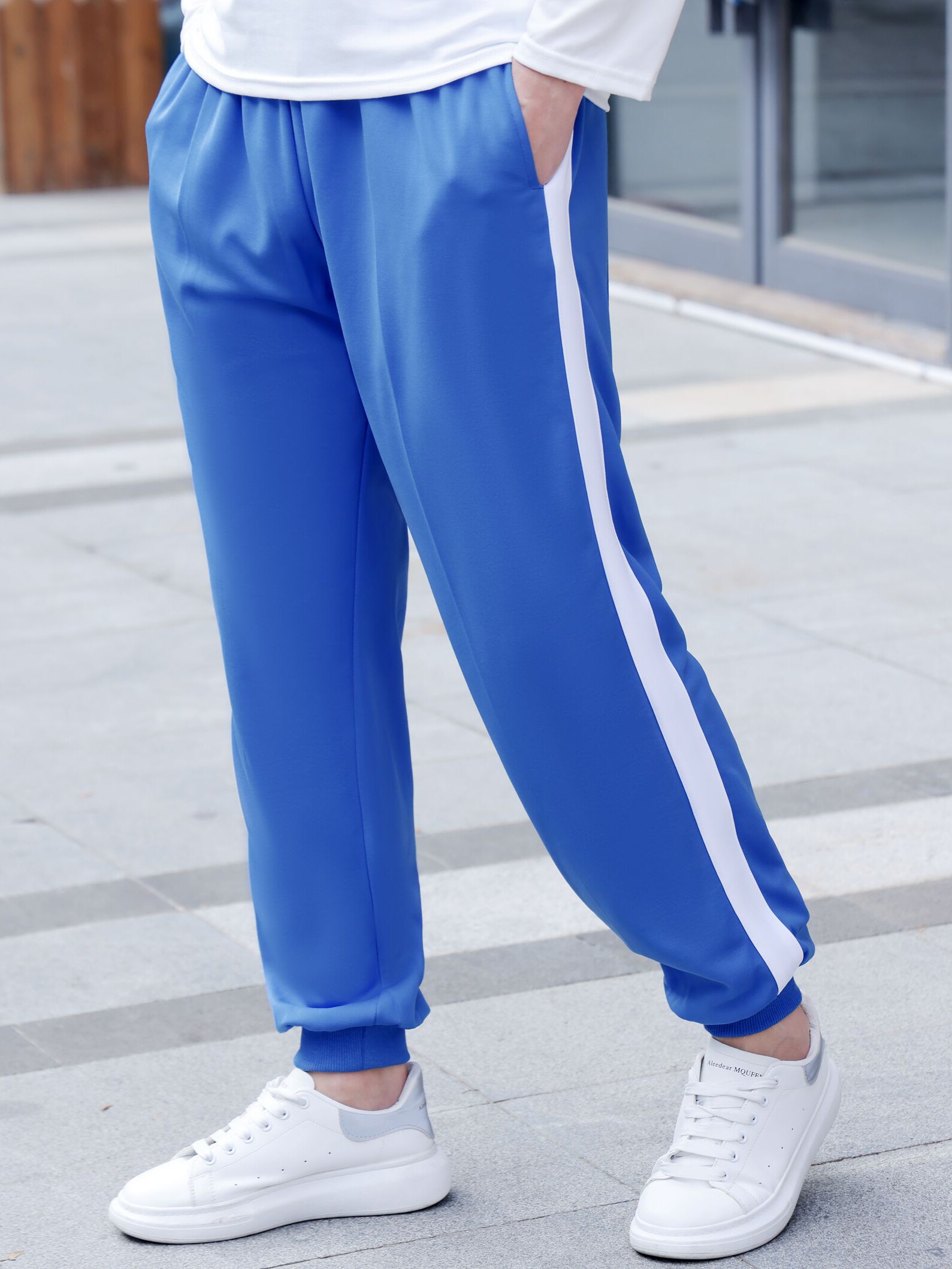 校服裤子一条杠男女夏季束脚初中生高中生一道杠小学生宝蓝色校裤