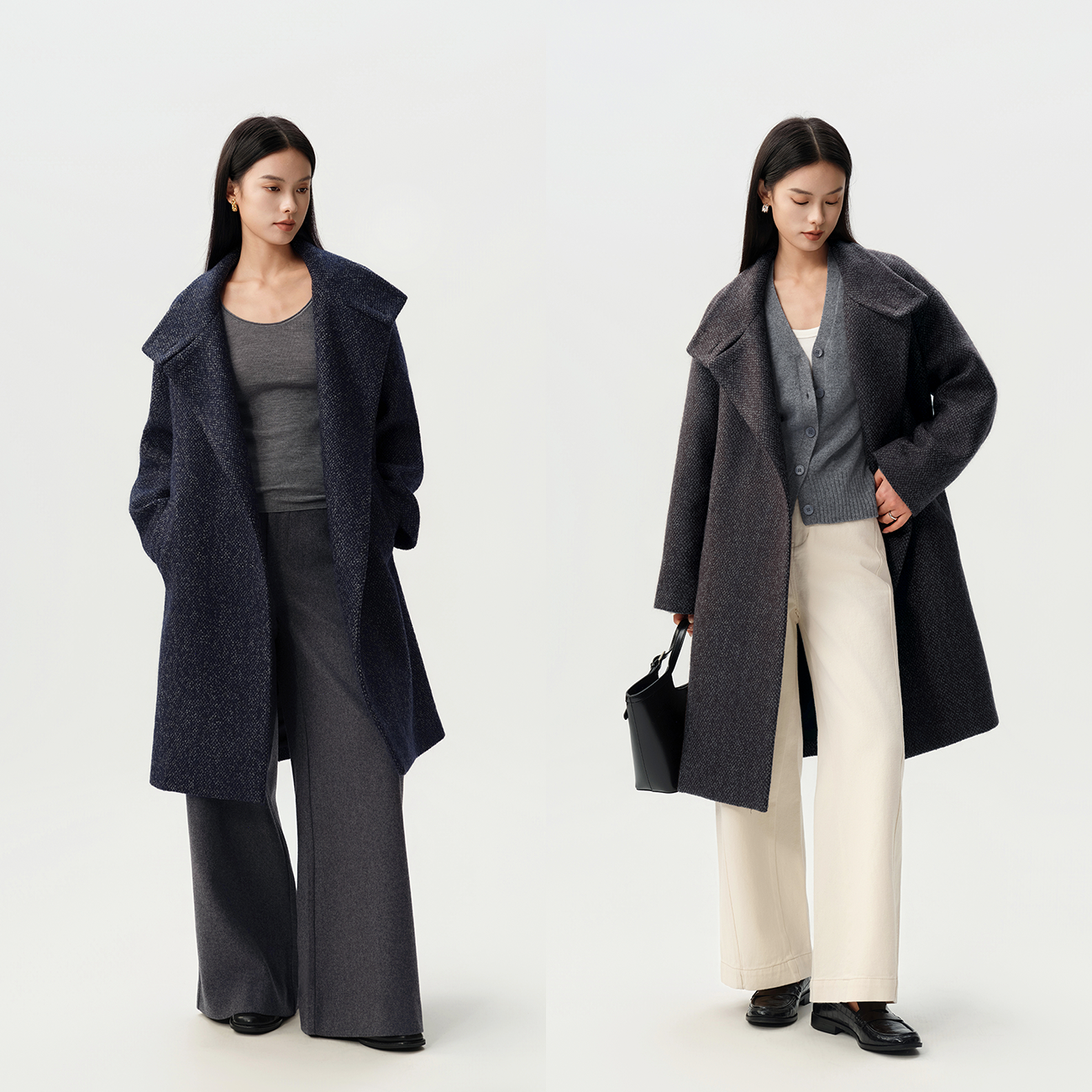 马海毛羊毛色织肌理中长款大衣 大翻领立领多穿 立挺有型定织定染 - 图3