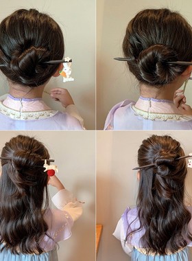 儿童发簪可爱猫咪木簪盘