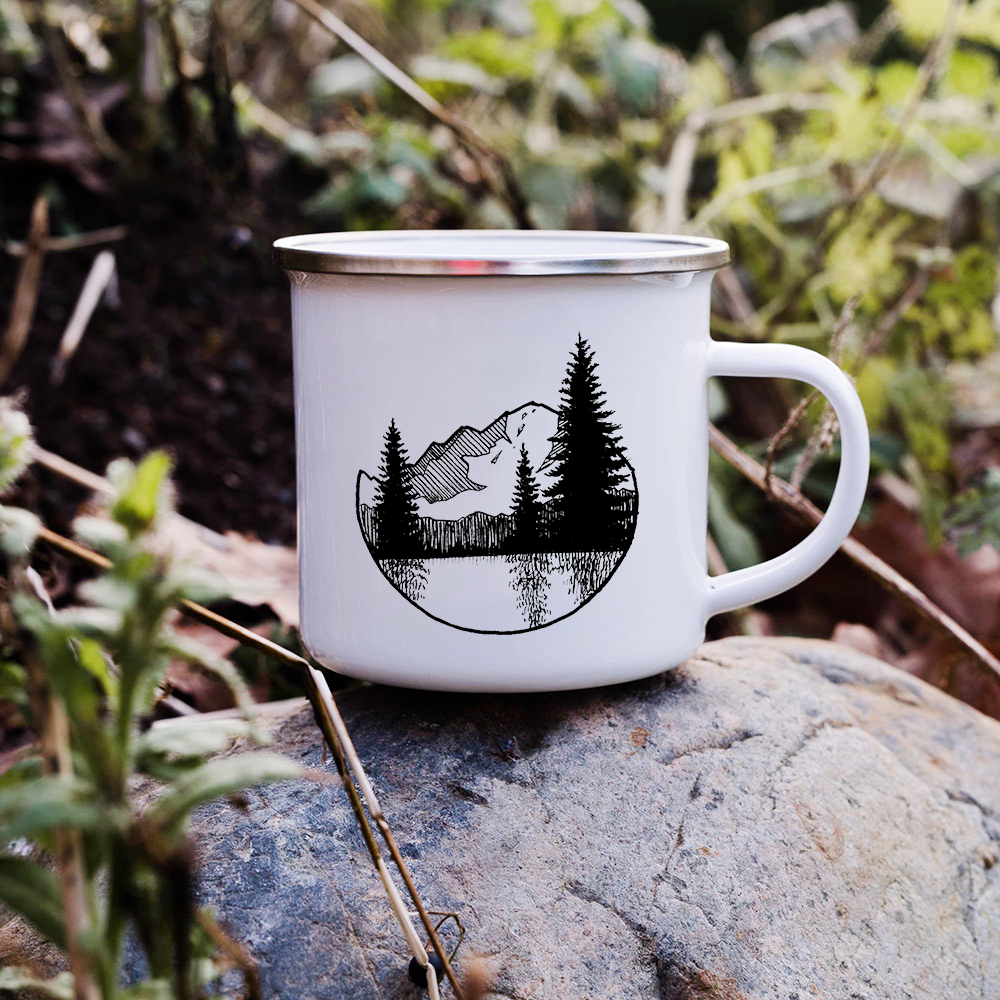 Sunset Forest Creek Enamel Coffee Mugs 欧美风日出山脉搪瓷杯 - 图0