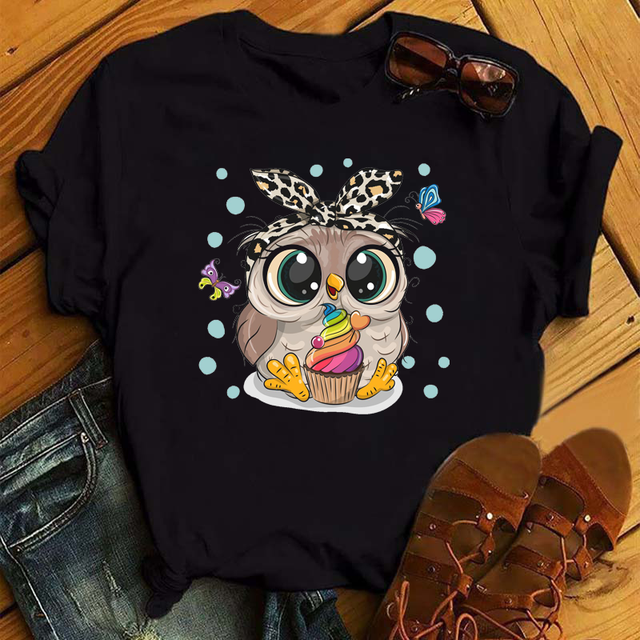 cute owl T-shirt夏季猫头鹰卡通莫代尔白色上衣短装休闲半袖T恤 - 图0