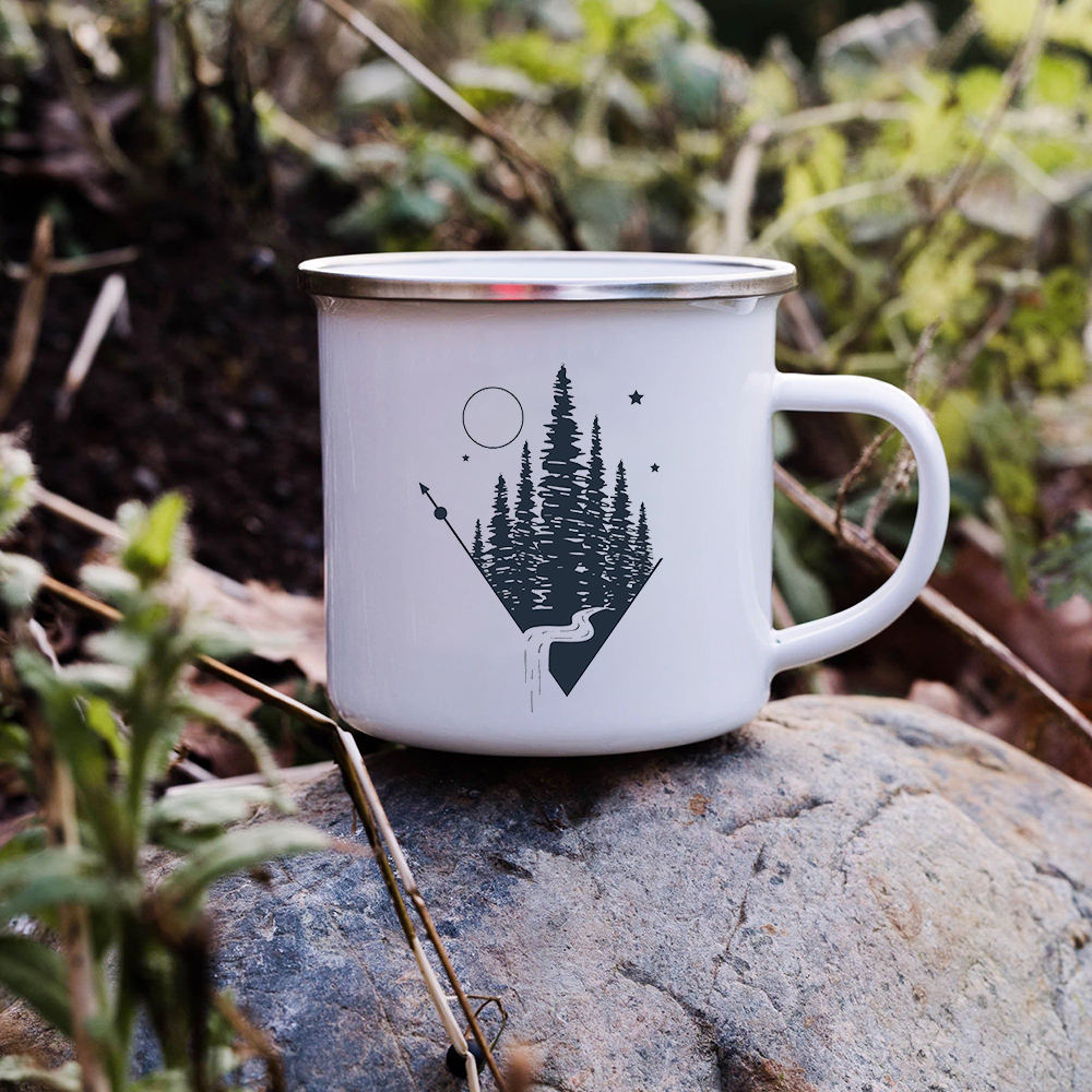 Sunset Forest Creek Enamel Coffee Mugs 欧美风日出山脉搪瓷杯 - 图3