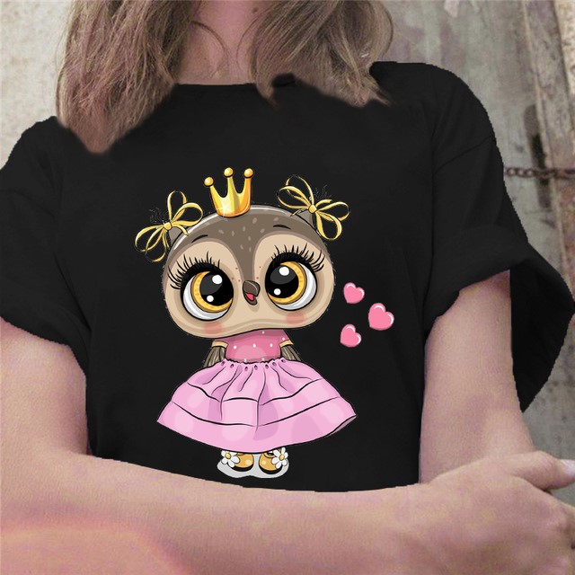 cute owl T-shirt夏季可爱猫头鹰动物时尚可爱休闲情侣短袖T恤女 - 图0