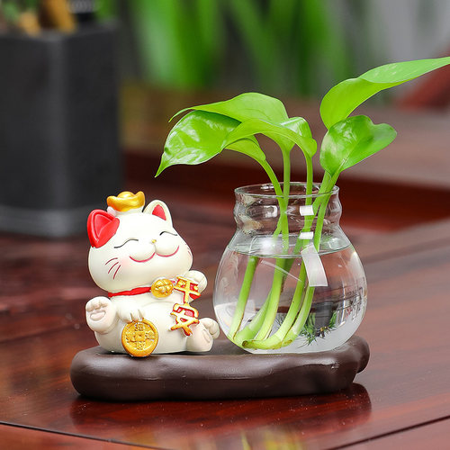 卡通新年招财猫玻璃透明花瓶摆件家居客厅装饰品花器绿萝花插水培 - 图0