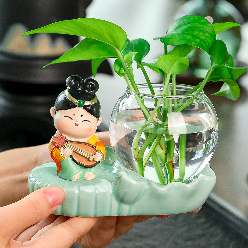 中式飞天唐小圆创意摆设家居客厅办公室桌面装饰水培绿萝花瓶摆件