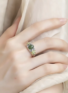 复古925银碧玉小花开口戒指女