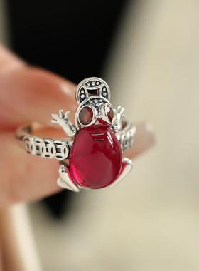 复古925银青蛙钱币百搭开口戒指