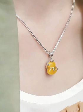 复古925银福字蜜蜡招财猫锁骨链