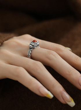 复古925银南红招财貔貅开口戒指