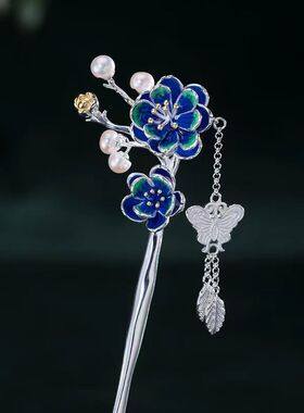 复古中国景泰蓝发簪s925银桃花