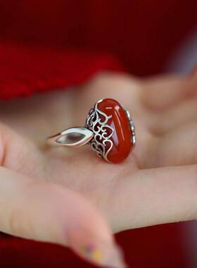 复古925银南红玛瑙蛋面开口戒指