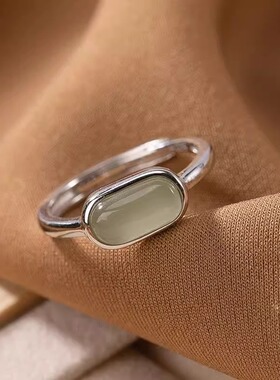 方条青玉925银民族风可调节戒指