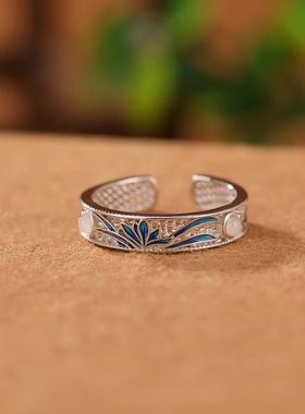 兰花女景泰蓝国风珐琅花丝戒指