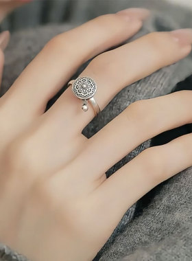 复古925银八宝莲花纹理开口戒女