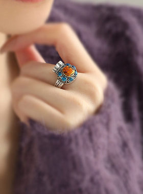 复古925银新中式福袋滴胶戒指女