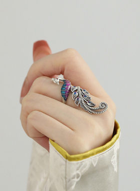 复古925银珐琅凤凰新中式戒指女