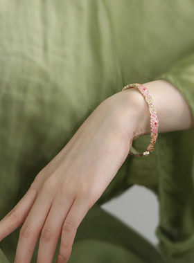 925银珐琅牡丹花新中式开口手镯