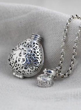 S925银双面福字莲花镂空香囊吊坠