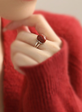 925银复古仿南红玛瑙蛋面戒指